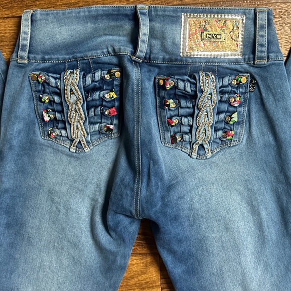 NYE • Size 14 • Denim Blue W/ Multi-Colors Braided • Gold/Diamond Studded •Jeans - Picture 4 of 12